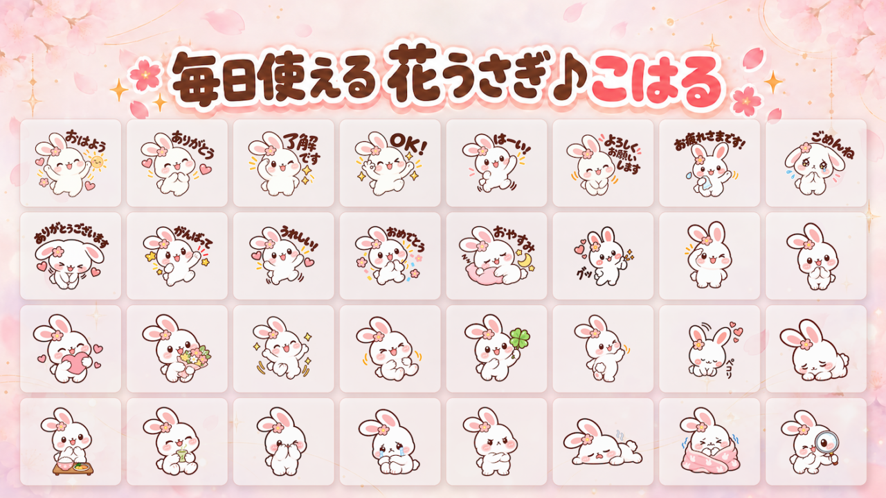 毎日使える花うさぎこはるLINEスタンプ32個一覧