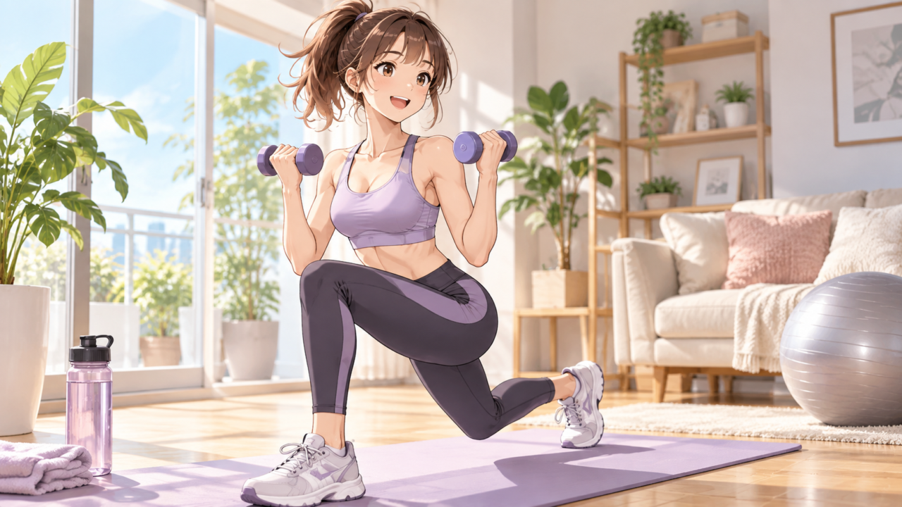 自宅で筋力トレーニングをする女性