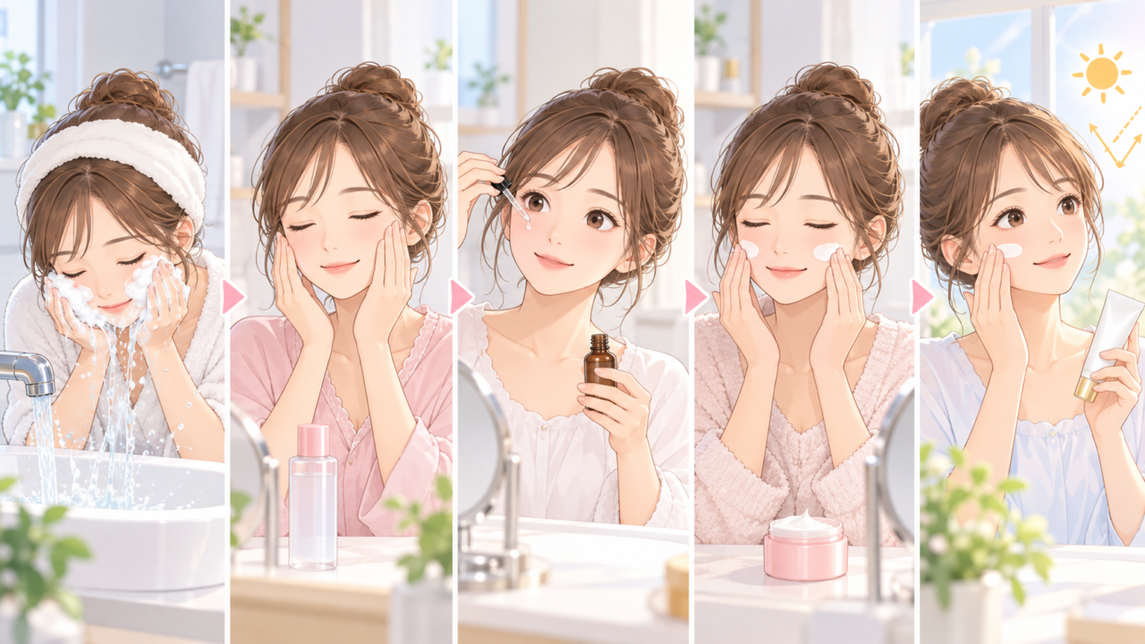 朝のスキンケアの順番を洗顔から日焼け止めまで5段階で示したイラスト