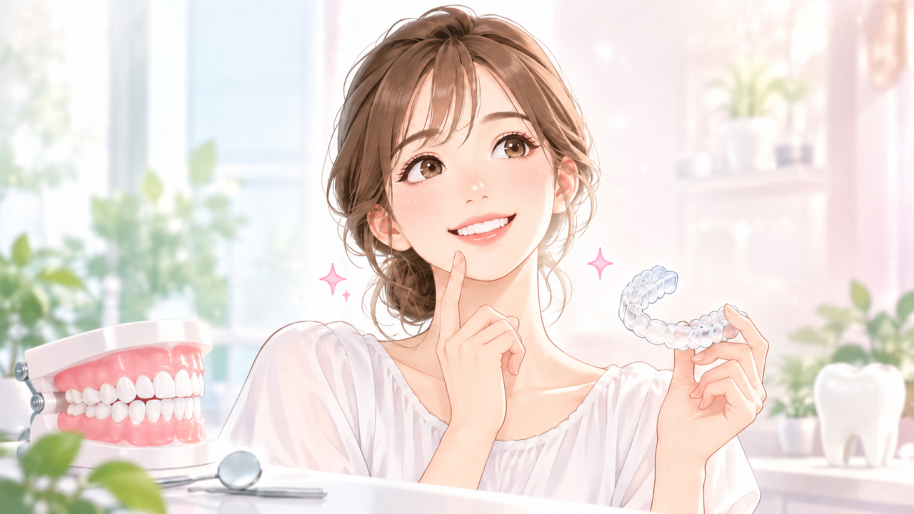 女性と透明な矯正装置のイラスト