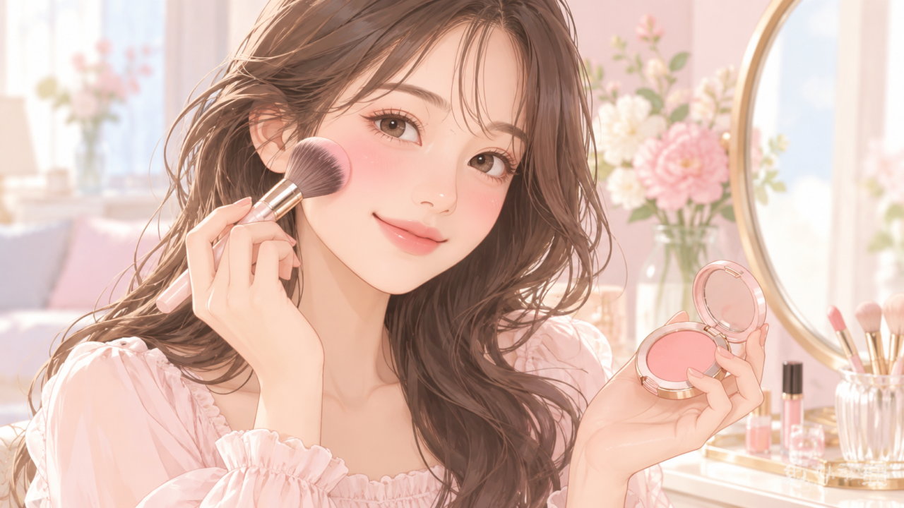 メイクブラシで頬にピンクのチークを塗り血色感を加える女性のイラスト