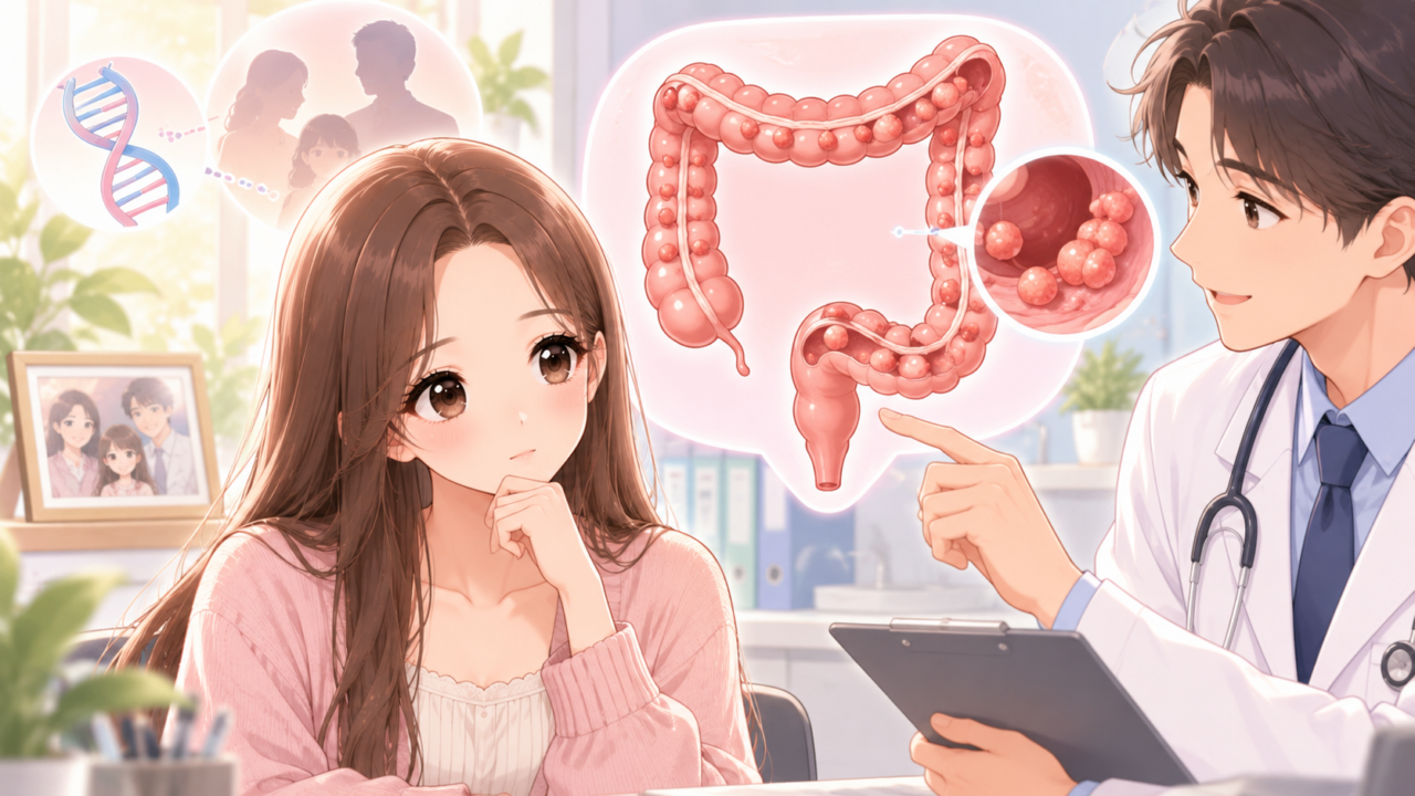 家族性大腸腺腫症(FAP)による多数の大腸ポリープと遺伝について医師から説明を受ける櫻根あゆのイラスト