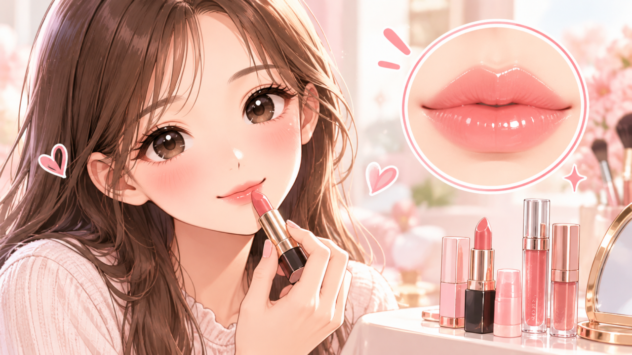 ピンクの口紅を唇に塗ってツヤのあるリップメイクをする女性のイラスト