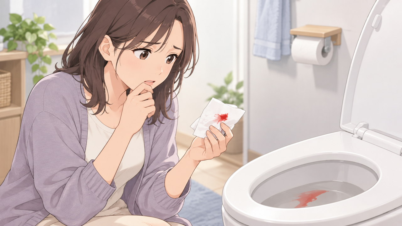 血便に気づき、血の付いたトイレットペーパーを見て不安になる女性のイラスト