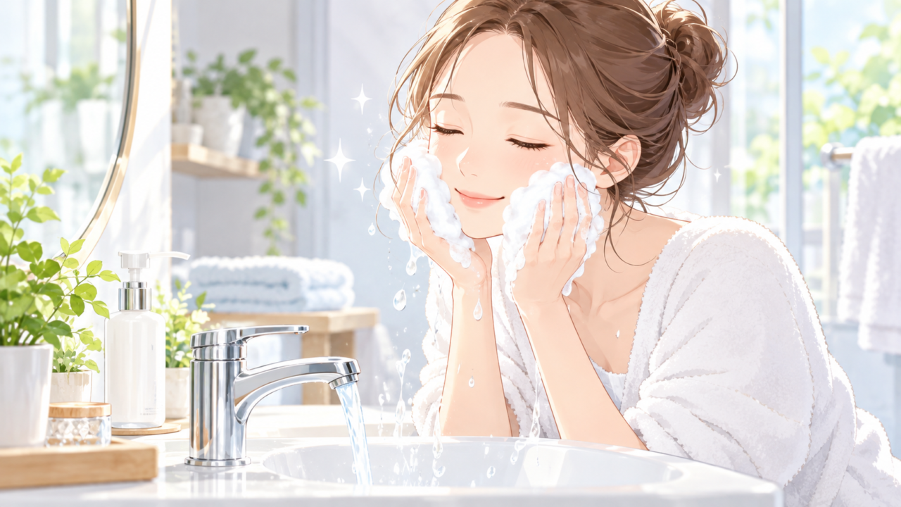 洗顔料の泡で顔を優しく洗う女性のイラスト