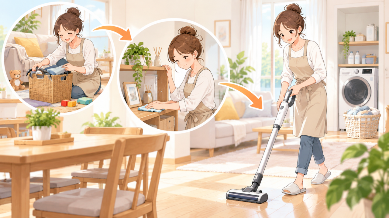 片付け・拭き掃除・掃除機がけの順番で効率よく家事をする女性のイラスト