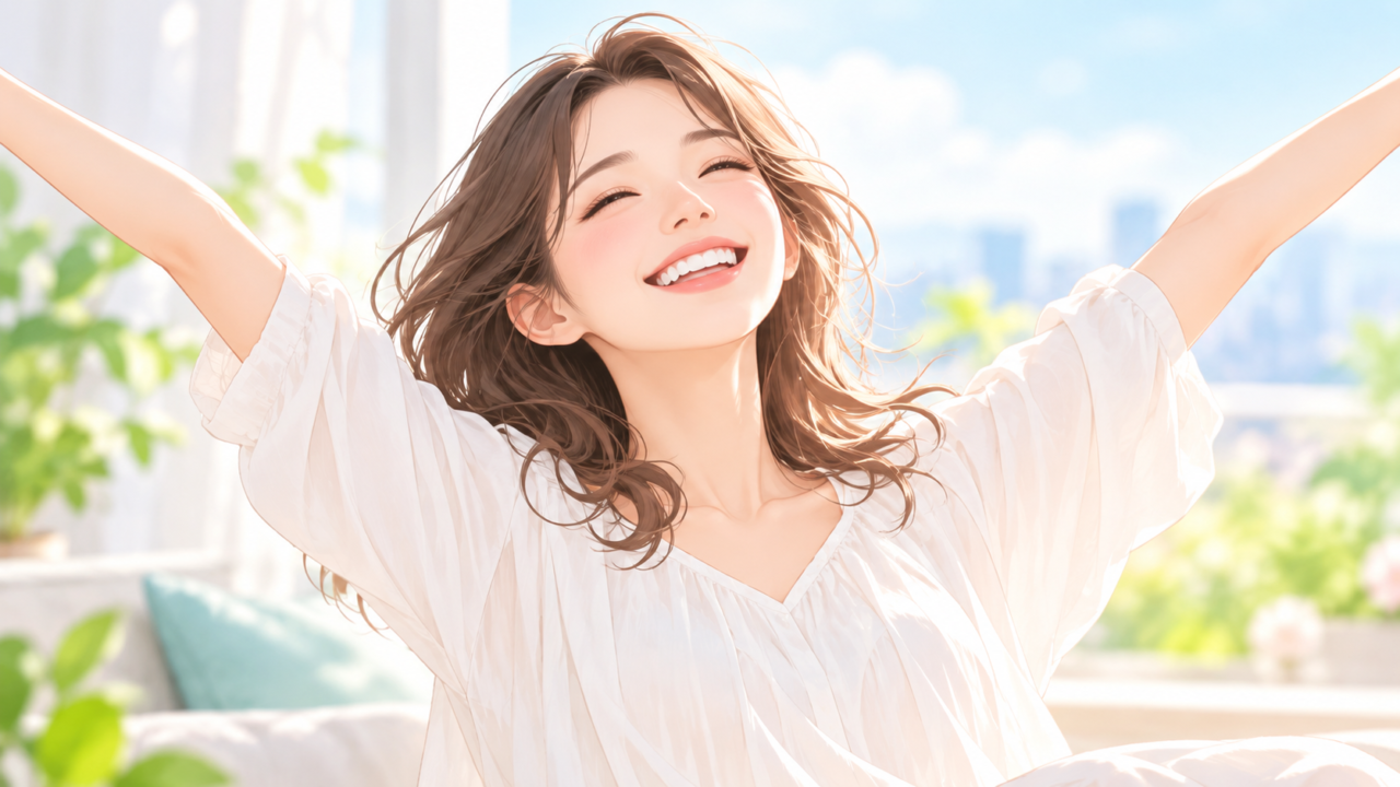 大腸がんへの不安が和らぎ、満面の笑顔で両手を広げる女性のイラスト