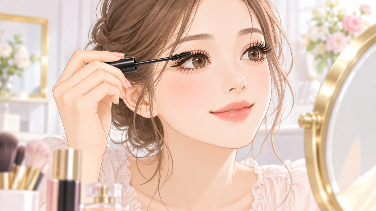 マスカラブラシでまつ毛を長く美しく見せるアイメイクをする女性のイラスト