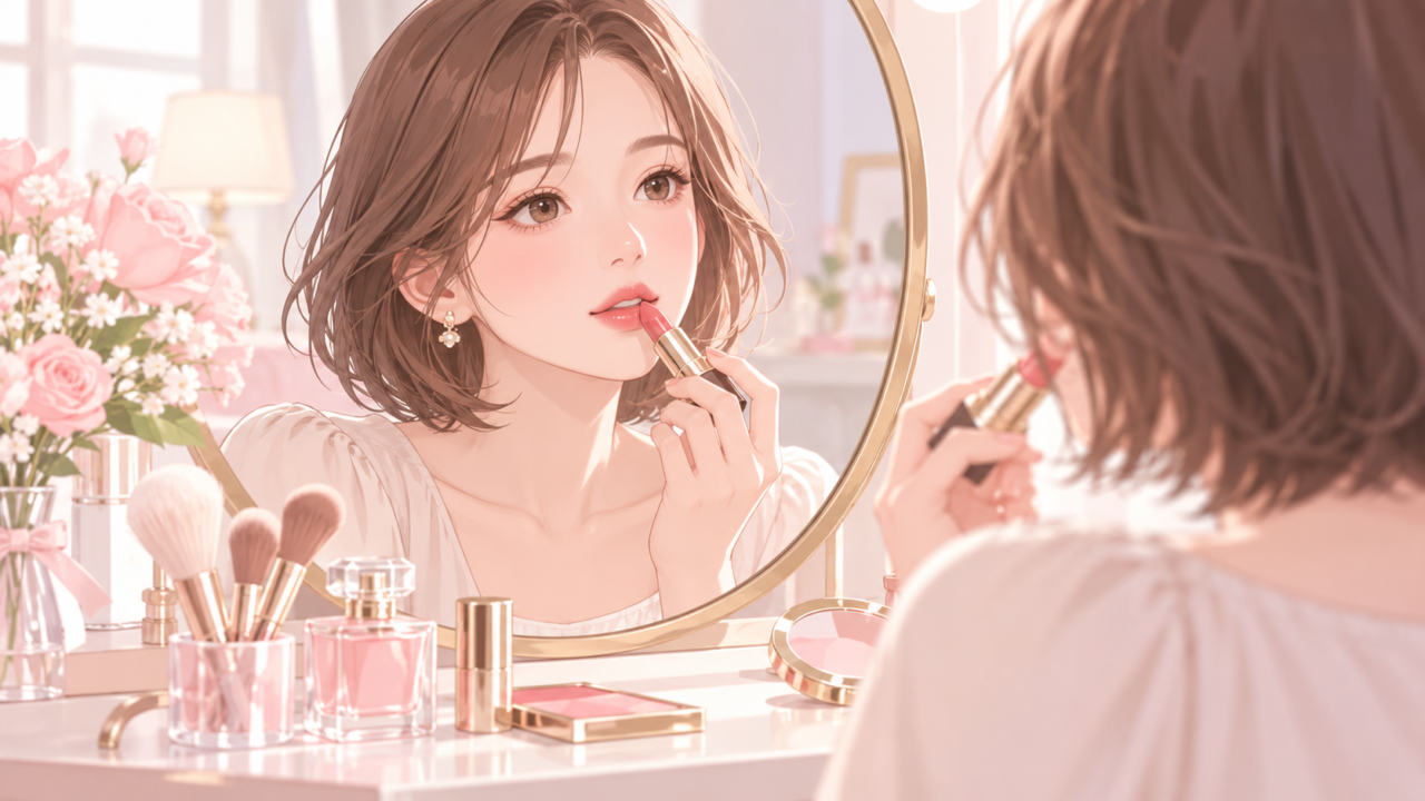 リップを唇に塗ってメイクを仕上げる女性