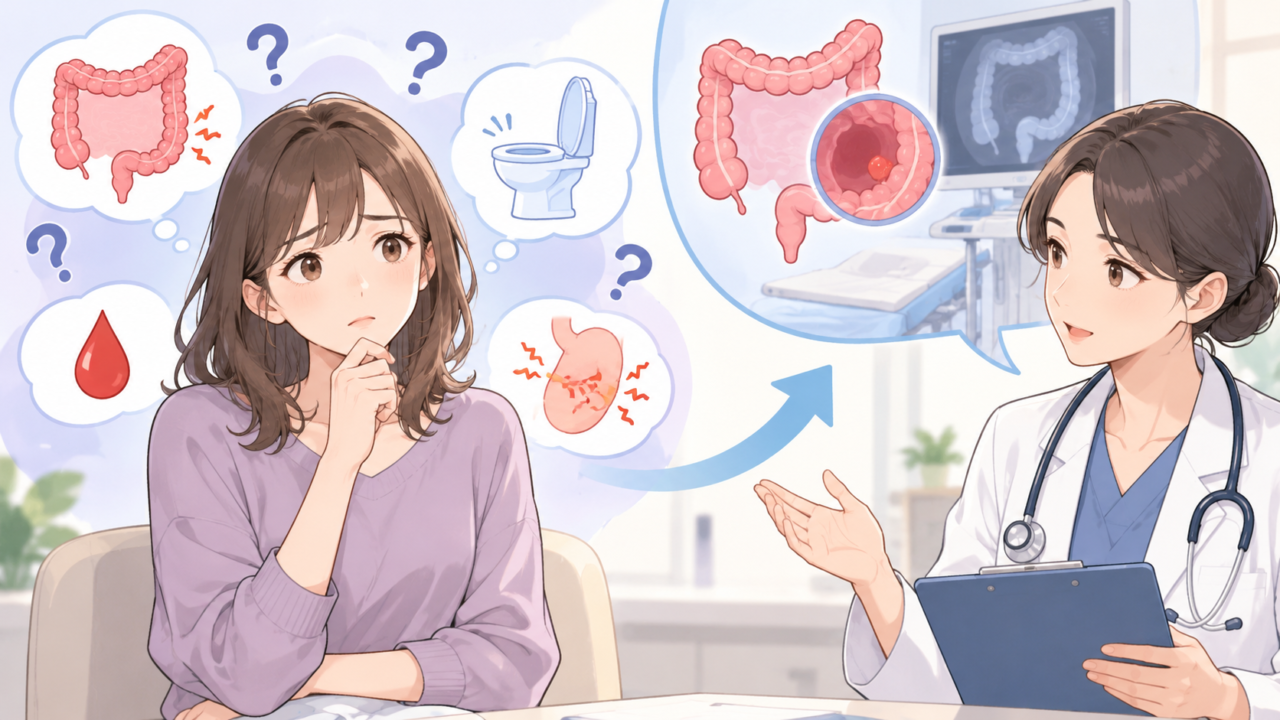 大腸がんの症状や進行度について医師に相談する女性のイラスト