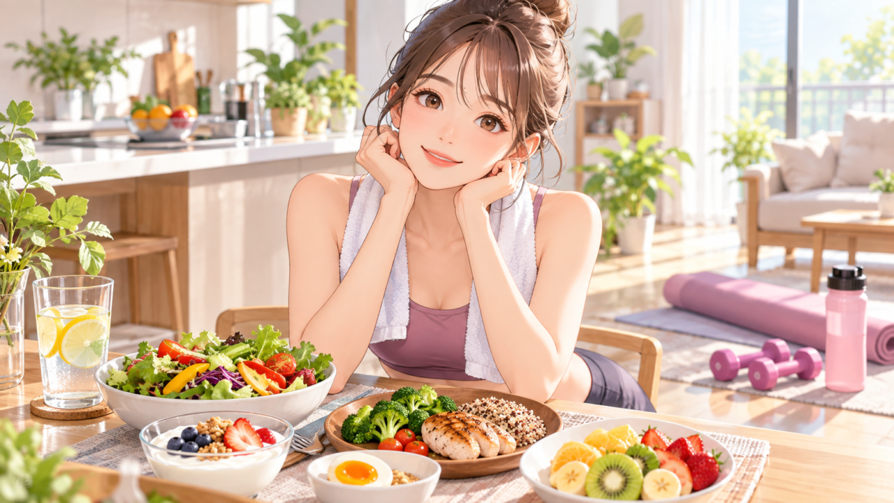 ダイエット中に運動とバランスの良い食事を取り入れる女性
