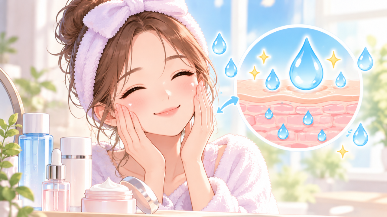保湿ケアで頬に手を当てる女性と肌のうるおいを示すイラスト
