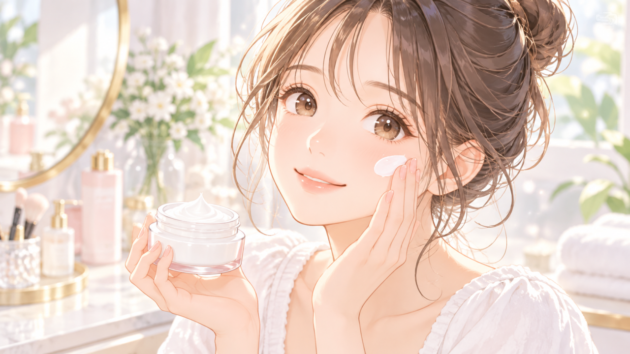 保湿クリームを頬に優しく塗る女性のイラスト