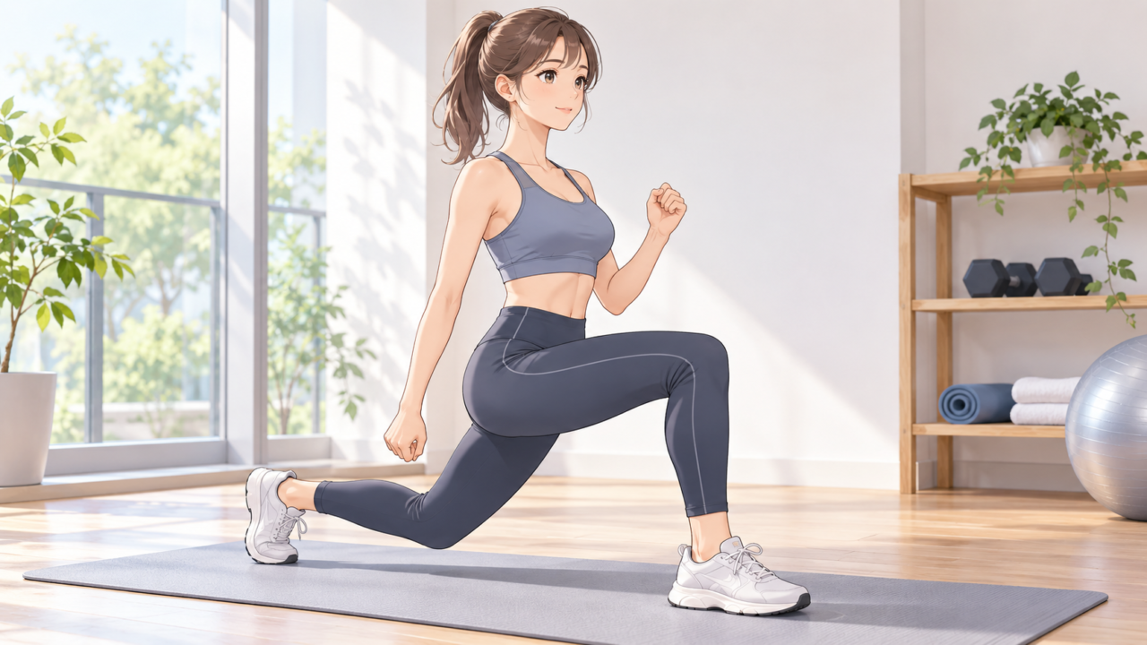 自宅でバックランジをする女性|下半身の筋トレ
