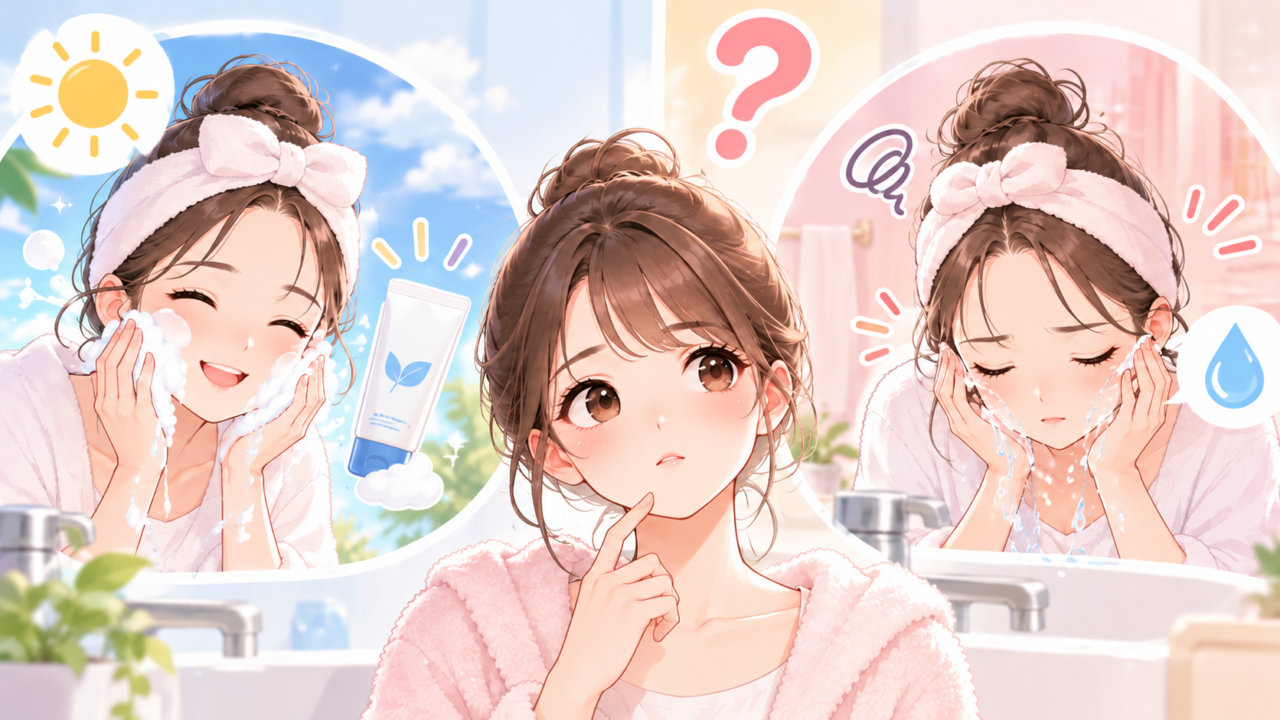 朝の洗顔で洗顔料を使うか水だけで洗うか迷う女性のイラスト