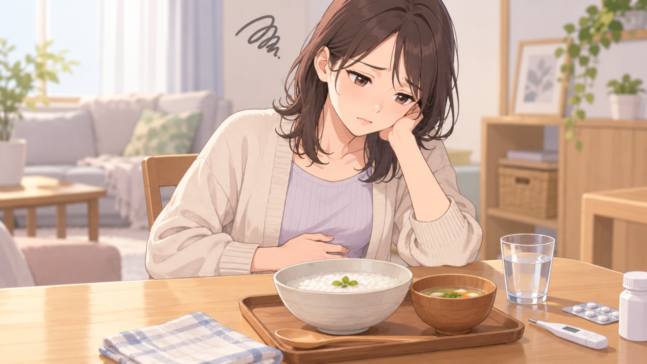 おかゆを前に胃腸の不調が改善せず悩んでいる女性