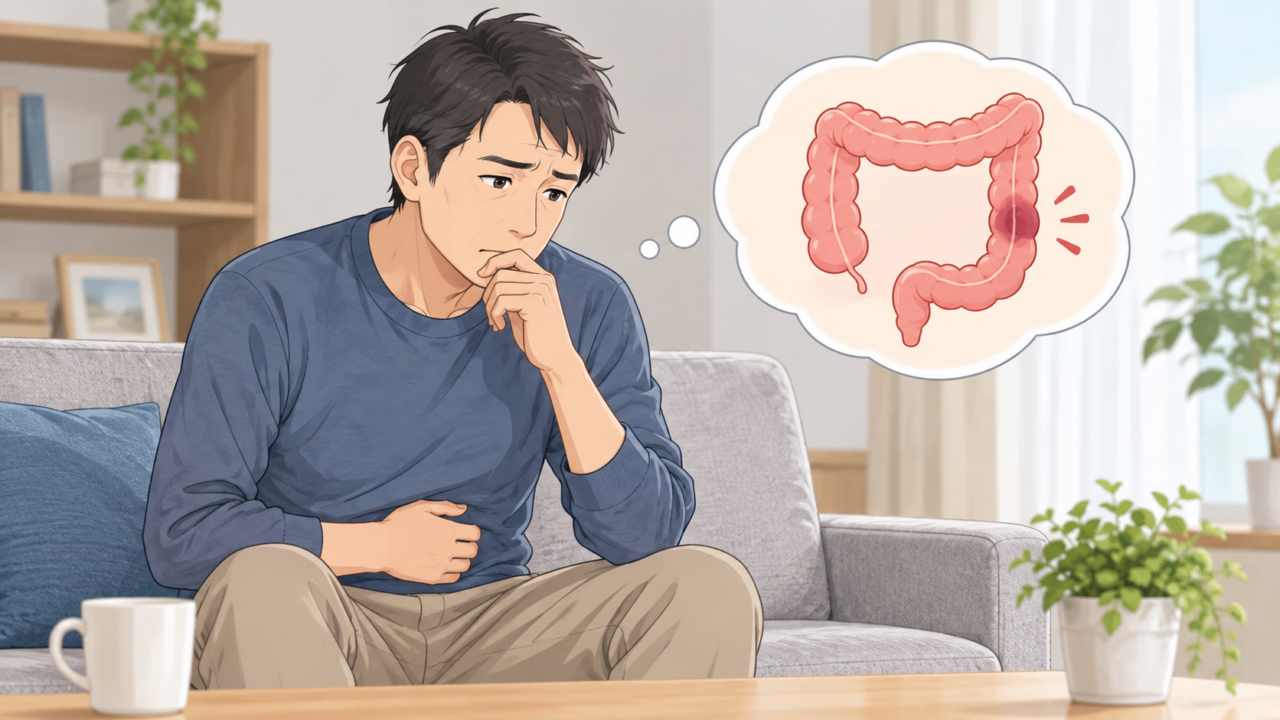 大腸の異常が気になり、お腹を押さえて考え込む男性のイラスト