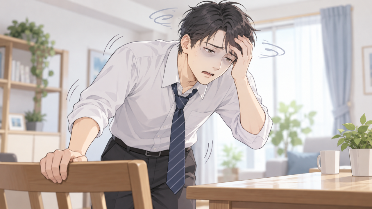 貧血によるめまいや立ちくらみで、椅子に手をつく男性のイラスト