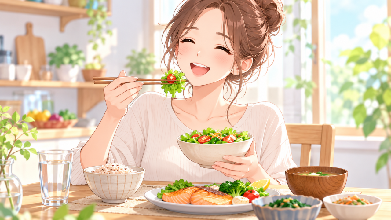 ダイエット中のカロリー管理を意識した食事|ご飯・焼き魚・野菜をバランスよく食べる笑顔の女性