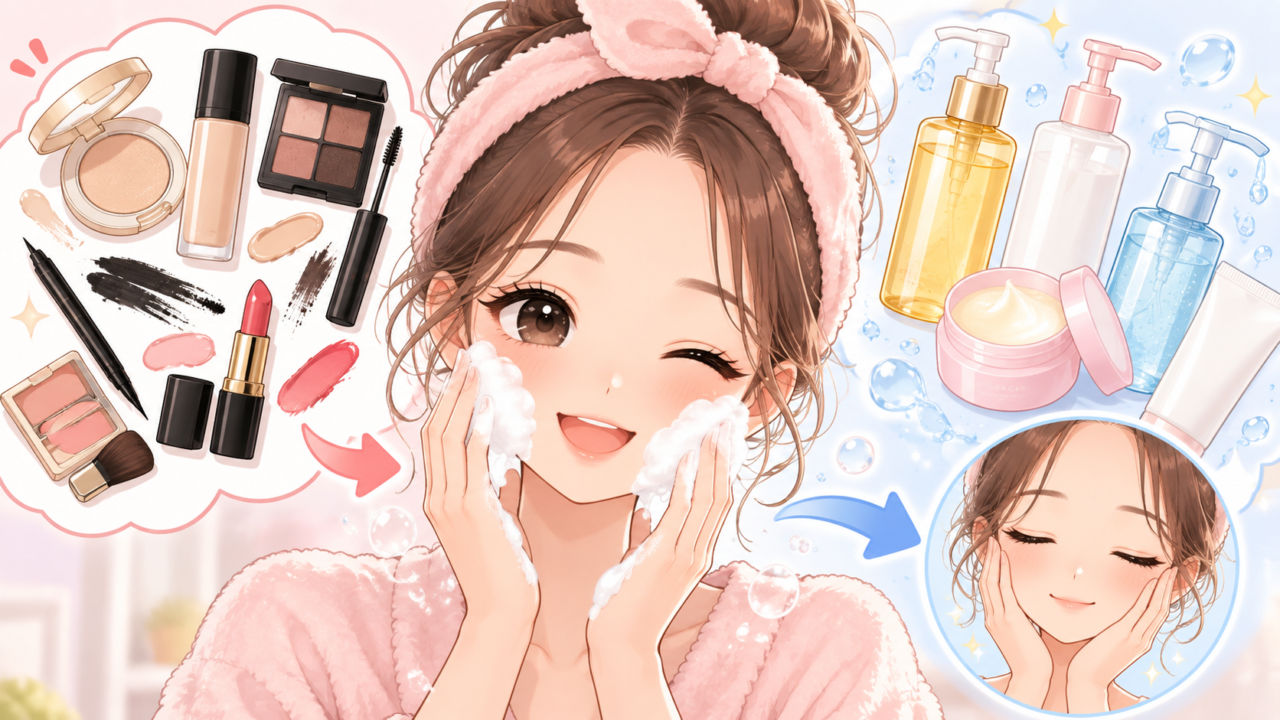 クレンジングで顔のメイクを落としスキンケアをする女性のイラスト