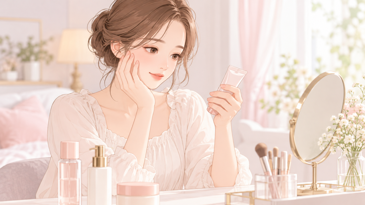 敏感肌に合う化粧品を選ぶために商品の表示を確認する女性のイラスト