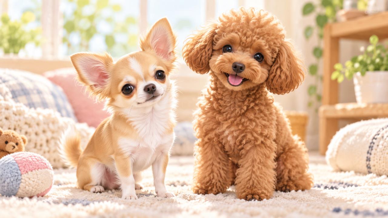 チワワとトイプードルが並ぶ小型犬のイラスト