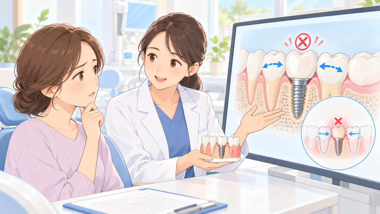 インプラントの歯が矯正で移動できないことを歯科医師から説明される女性