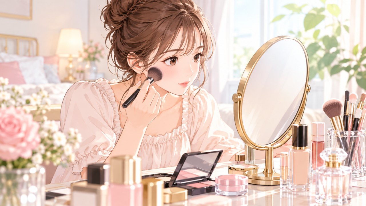 鏡を見ながらメイクブラシで頬にチークを塗る女性のイラスト
