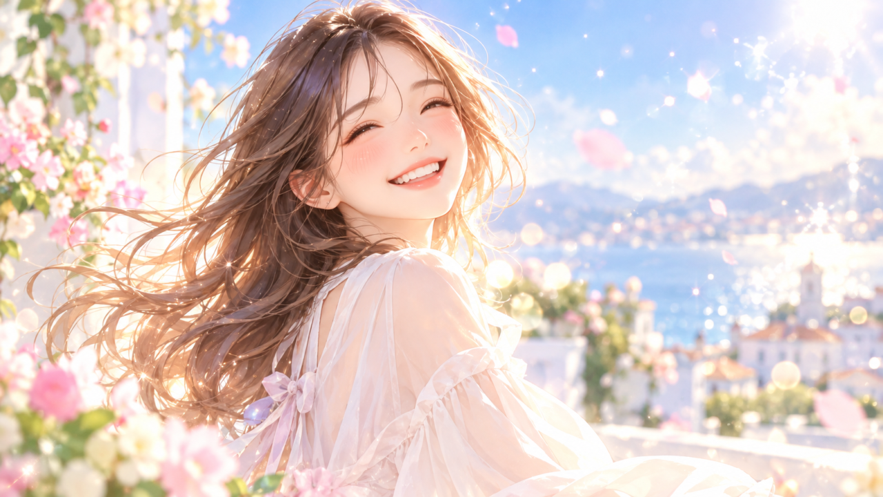 花々と柔らかな光に包まれて満面の笑顔を見せる女性のイラスト