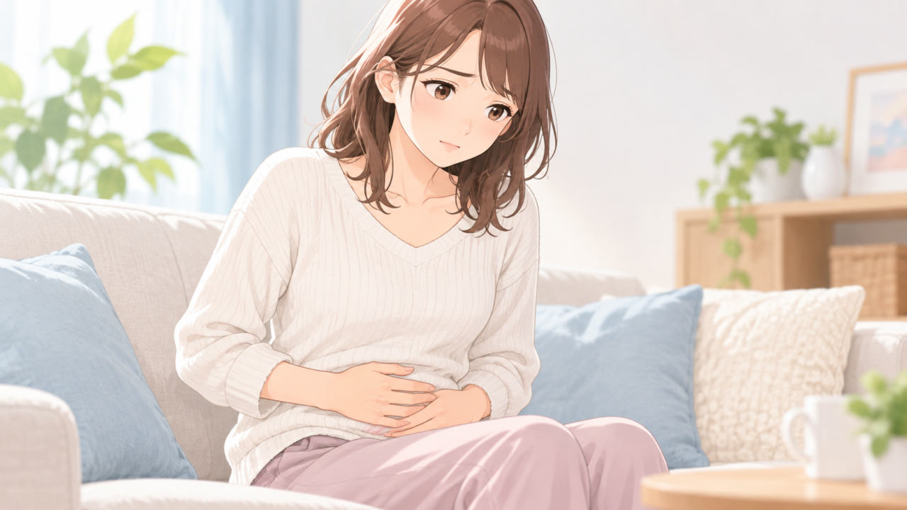 お腹を押さえ、大腸がんなどの病気を心配する女性のイラスト