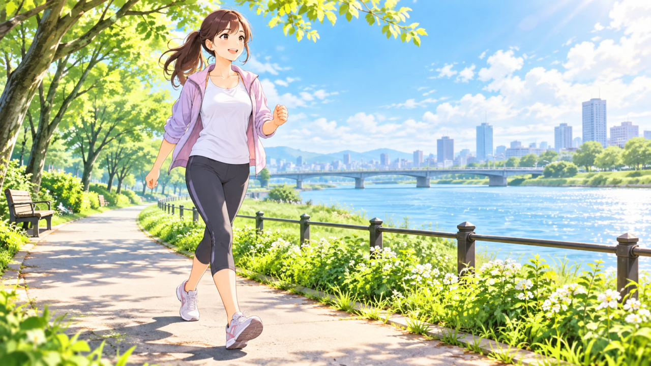 ダイエットの有酸素運動としてウォーキングをする女性