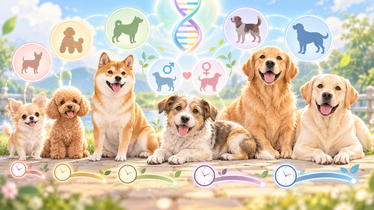 さまざまな犬種と遺伝子・性別のマークで犬の寿命に関係する要因を示したイラスト