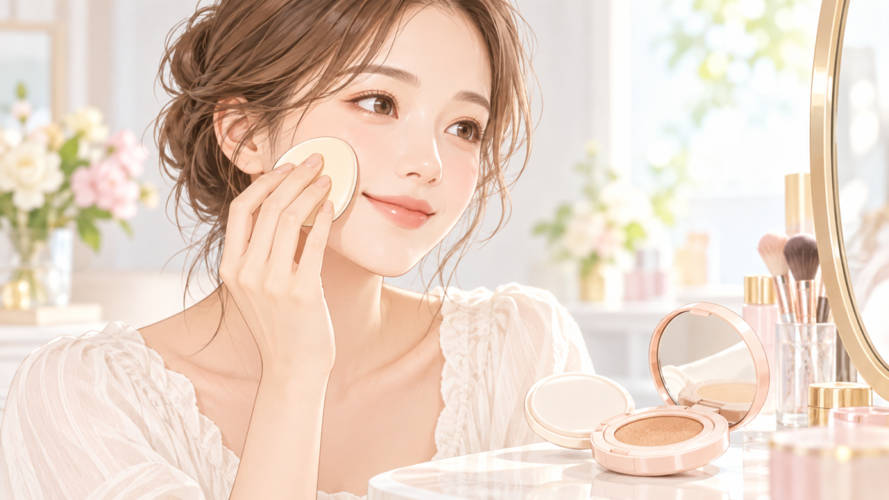 メイク用パフを使ってファンデーションを頬になじませる女性のイラスト