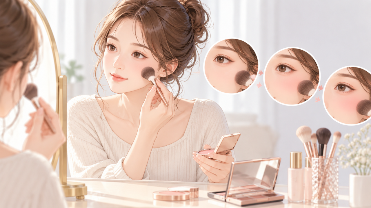 メイクを濃くしすぎず少しずつ色を重ねる女性