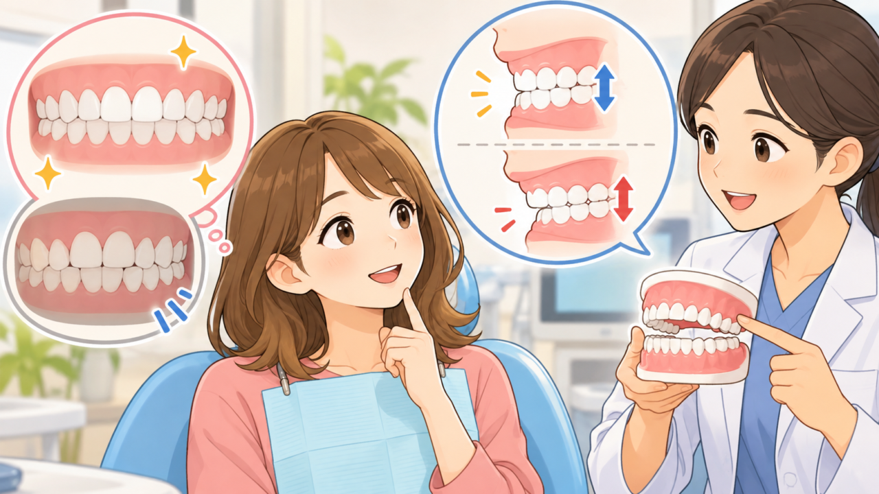 歯並びだけでなく上下の歯の噛み合わせを歯科医師と確認する女性