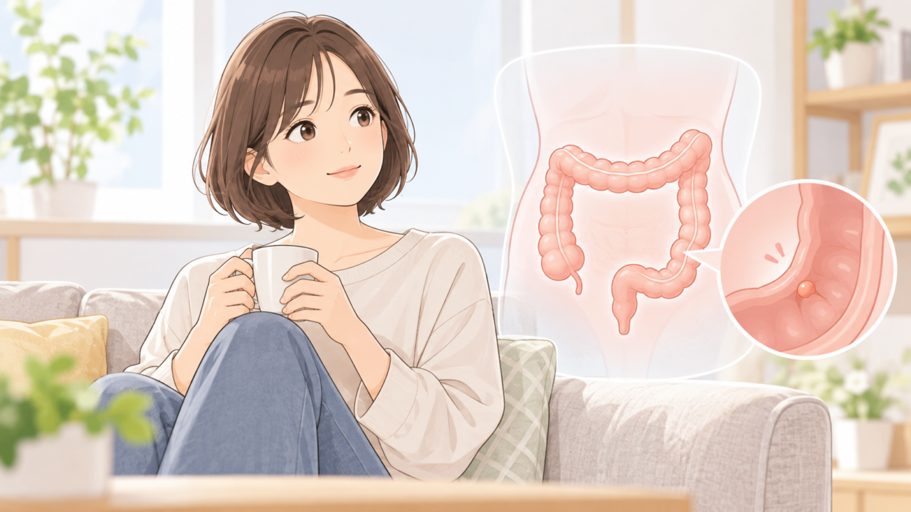大腸がんの初期段階では自覚症状が現れにくいことを表す女性と大腸のイラスト