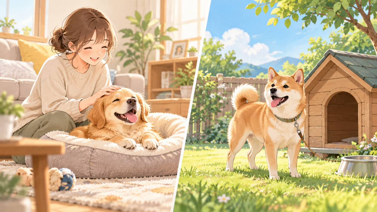 室内で暮らすゴールデンレトリバーと屋外の犬小屋で暮らす柴犬の比較イラスト