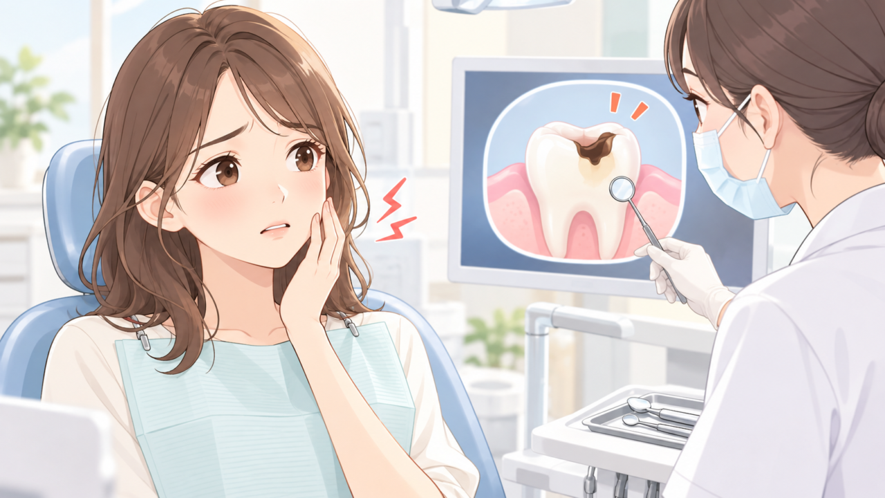 マウスピース矯正を始める前に虫歯の状態を歯科医師に確認する女性