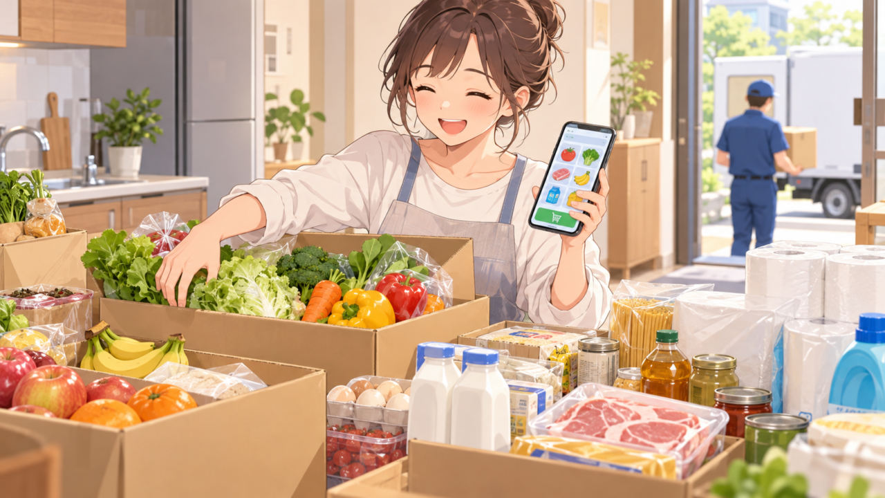 ネットスーパーで食材や日用品をまとめ買いする女性のイラスト