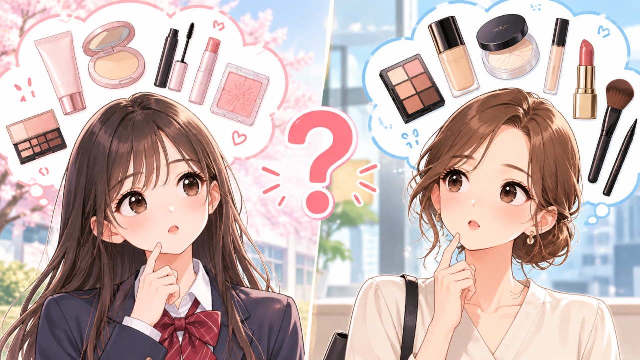 高校生と社会人がそれぞれの生活に合うメイク用品を考える比較イラスト