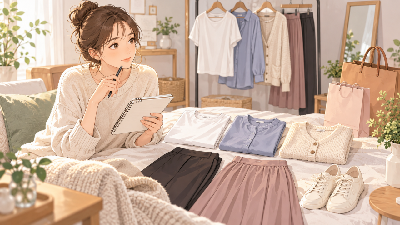 洋服の購入予算と必要なアイテムをノートに書き出して考える女性