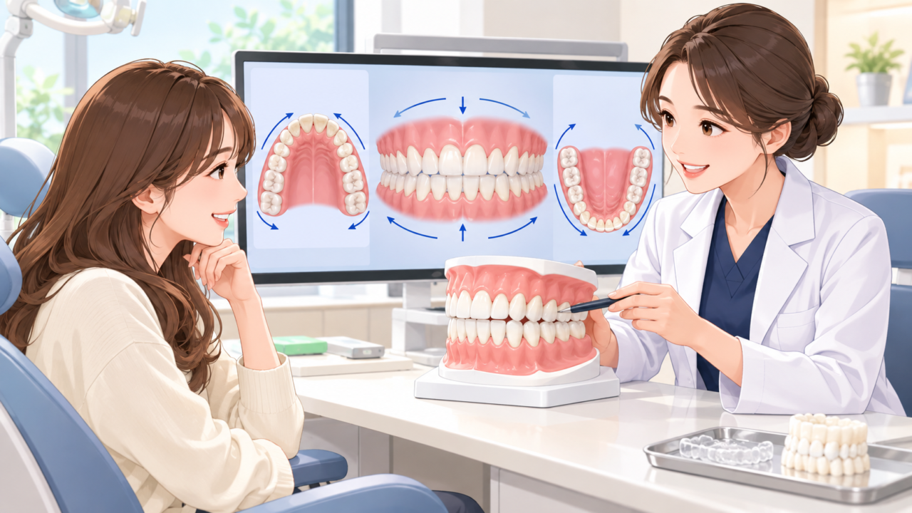 奥歯を含めた歯列全体と噛み合わせを治療する全体矯正のイメージ
