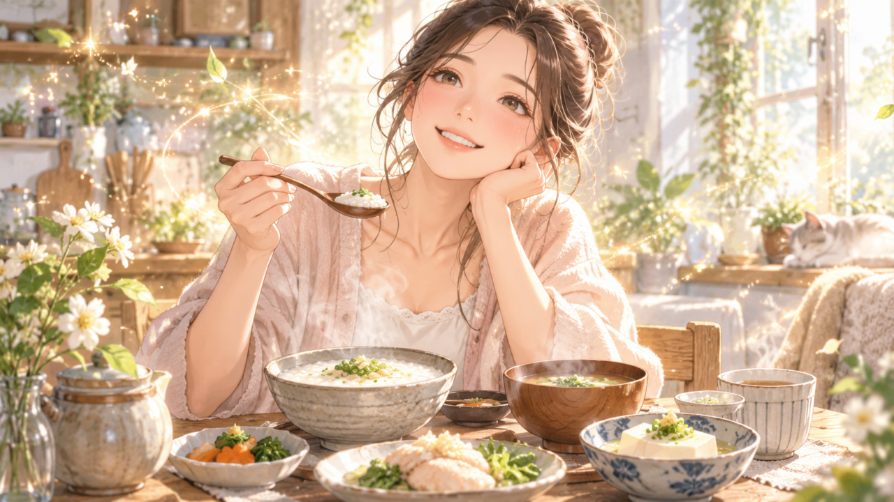 おかゆや豆腐料理を食べて元気な笑顔を見せる女性のイラスト