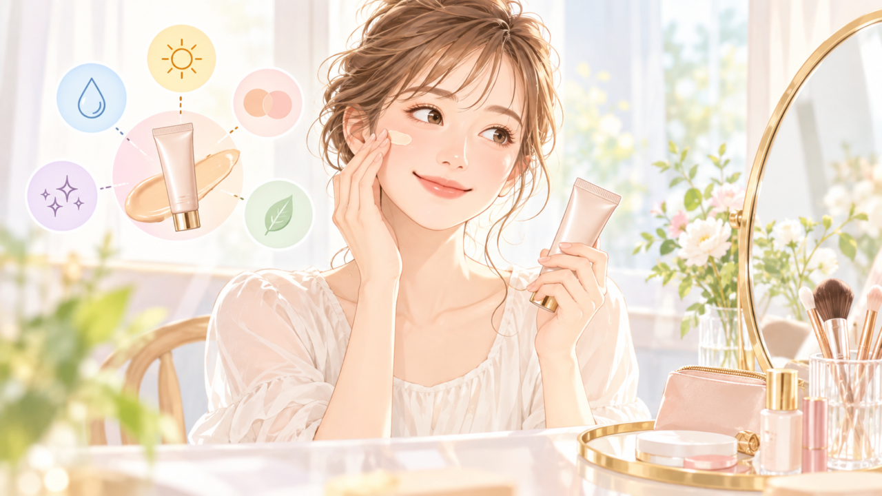 多機能なBBクリームやCCクリームを頬に塗ってベースメイクをする女性のイラスト