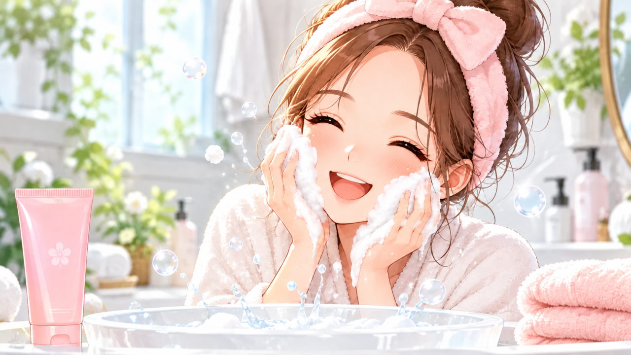 洗顔料の泡で顔を洗い笑顔を見せる女性のイラスト