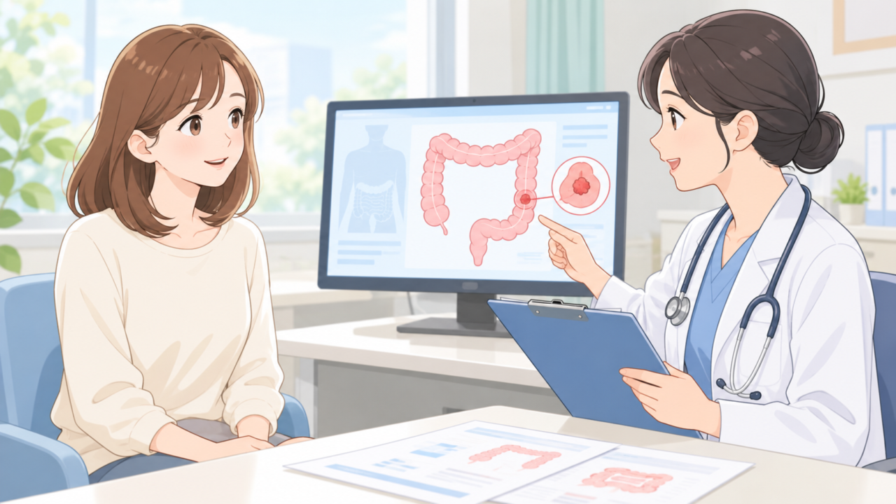 自覚症状がない段階でも大腸がんが見つかることについて医師から説明を受ける女性のイラスト