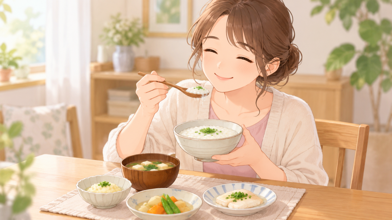 おかゆや豆腐料理など消化に配慮した食事を笑顔で楽しむ女性のイラスト