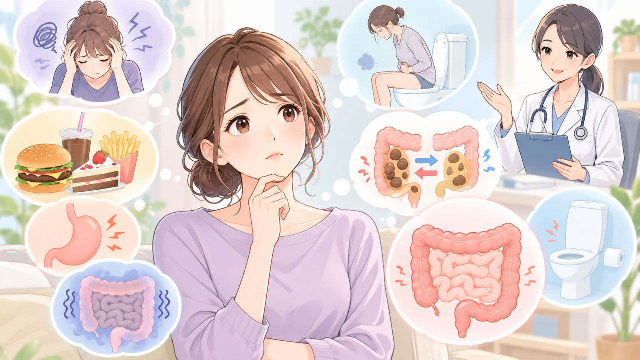 便秘や下痢のさまざまな原因について医師から説明を受ける女性のイラスト