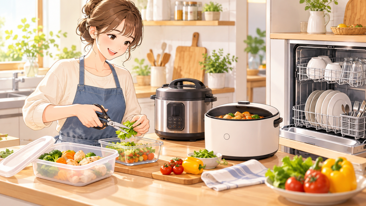 電気圧力鍋・自動調理鍋・食洗機などを活用して時短料理をする女性のイラスト