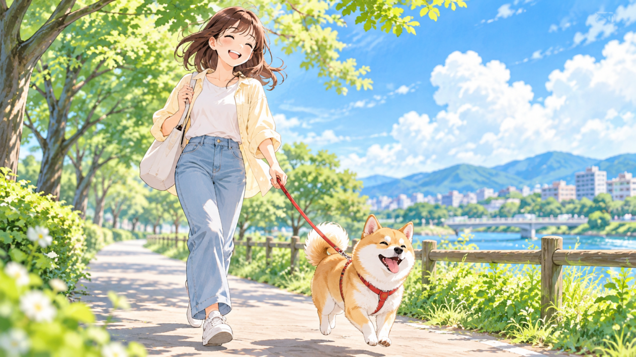 柴犬と一緒に散歩を楽しむ笑顔の女性